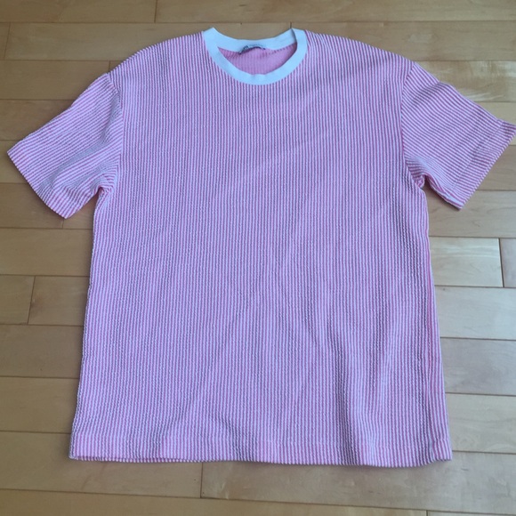 Other - Zara Men’s Pink and White Textured Striped T-Shirt